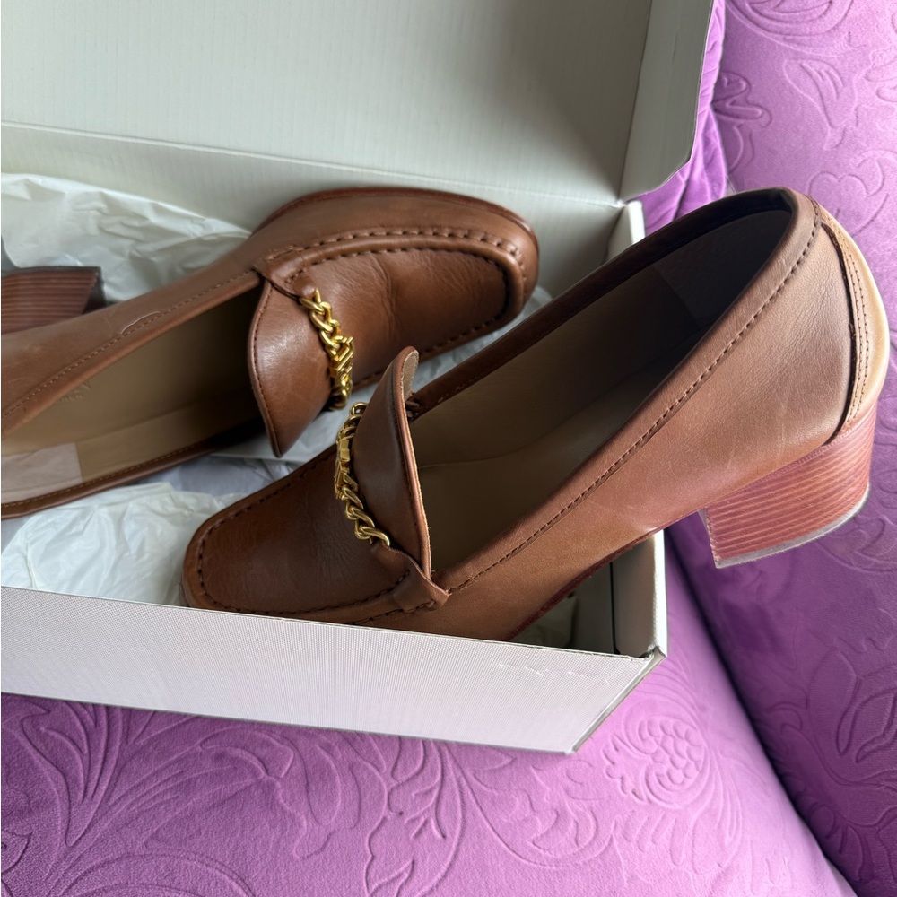 Ralph Lauren Brown Leather Chain-Trim Block Heel Loafers